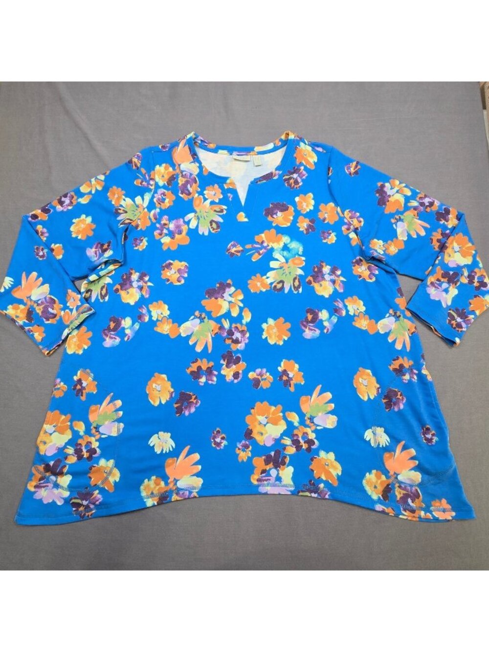 LOGO Lounge 2X Floral Print Blue Tunic Top 3/4 Sleeve Stretch